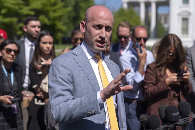 White House deputy chief of staff for policy Stephen Miller speaks with reporters outside the White House, Monday, April 28, 2025, in Washington.