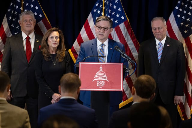 House Speaker Mike Johnson speaks at news conference in Washington, DC, on April 29, 2025.