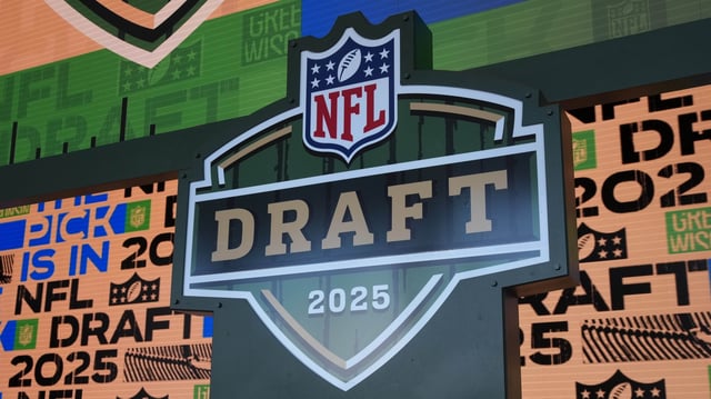 Apr 23, 2025; Green Bay, WI, USA; A general overall view of the 2025 NFL Draft logo on the Draft stage at Lambeau Field. Mandatory Credit: Kirby Lee-Imagn Images