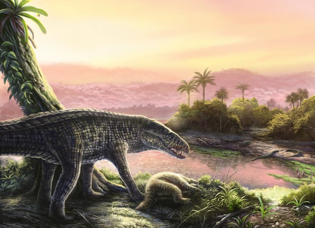 An illustration shows the life reconstruction of a terrestrial crocodile relative from a lineage called sebecids, in this handout image released on April 29, 2025. Fossils from the Dominican Republican dating to 5-7 million years ago indicate that sebecids survived several million years longer than previously believed. Jorge Machuky/Handout via REUTERS