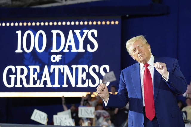 President Donald Trump arrives to speak on his first 100 days at Macomb County Community College Sports Expo Center, Tuesday, April 29, 2025, in Warren, Mich.