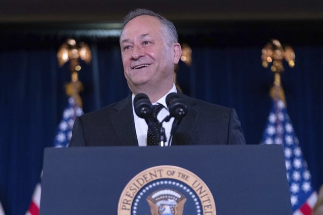 FILE - Second gentleman Doug Emhoff speaks at the Democratic National Committee's holiday reception at the Willard Hotel in Washington, Dec. 15, 2024. (AP Photo/Jose Luis Magana, File)