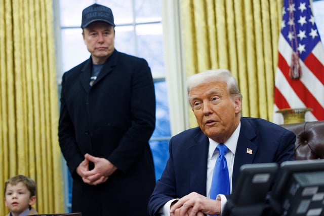 U.S. President Donald Trump and Elon Musk, chief executive officer of Tesla Inc., left, in the Oval Office of the White House in Washington, D.C., on Tuesday, Feb. 11, 2025. 