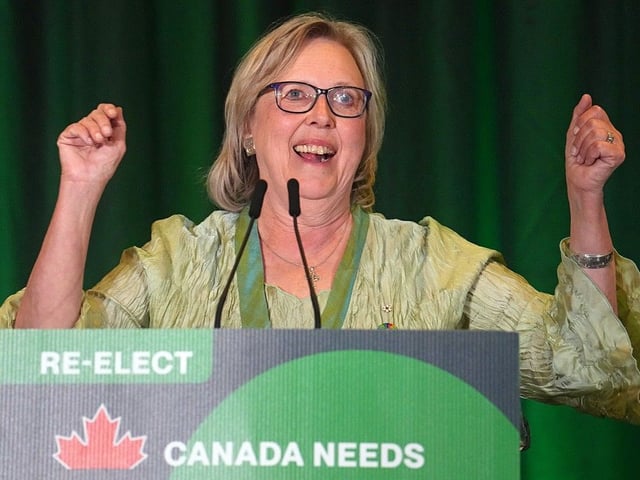 Green Party co-leader Elizabeth May celebrates winning her riding during her election night watch party in her riding of Saanich-Gulf Islands. 
