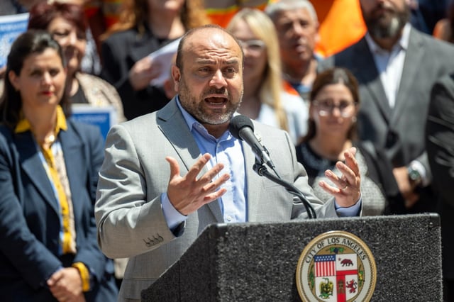 Councilmember Adrin Nazarian speaks during a rally outside Los Angeles City Hall after the Los Angeles City Council voted on a motion to keep more film and television production in L.A by adjusting fees, streamlining the permitting process, and removing other regulatory obstacles to filming in L.A. on Tuesday, April 29, 2025.  (Photo by Hans Gutknecht, Los Angeles Daily News/SCNG)