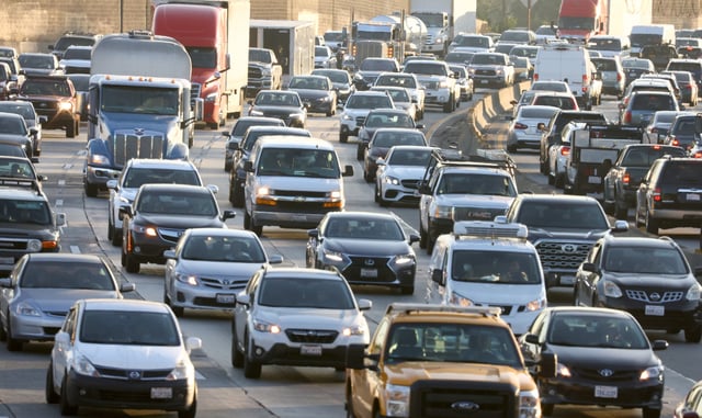 Heavy traffic moves along I-5 in Los Angeles, California on November 23, 2022.
