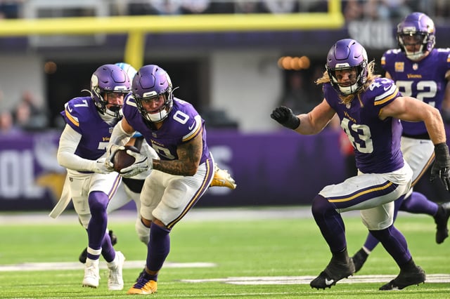 Oct 20, 2024; Minneapolis, Minnesota, USA; Minnesota Vikings linebacker Ivan Pace Jr. (0) returns a fumble 36 yards for a touchdown as linebacker Andrew Van Ginkel (43) and cornerback Byron Murphy Jr. (7) look to block against the Detroit Lions during the fourth quarter at U.S. Bank Stadium. Mandatory Credit: Jeffrey Becker-Imagn Images/File Photo