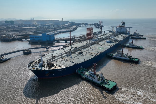 An aerial view shows a crude oil tanker at an oil terminal off Waidiao island in Zhoushan, Zhejiang province, China January 4, 2023/File Photo