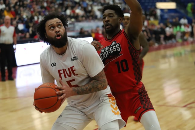 Jermaine Haley (5) of the Sudbury Five looks for a shot while Jaire Grayer (10) of the Windsor Express defends during Basketball Super League finals action at Sudbury Community Arena in Sudbury, Ont. on Tuesday, April 29, 2025. Many more photos from Tuesday's game to come.