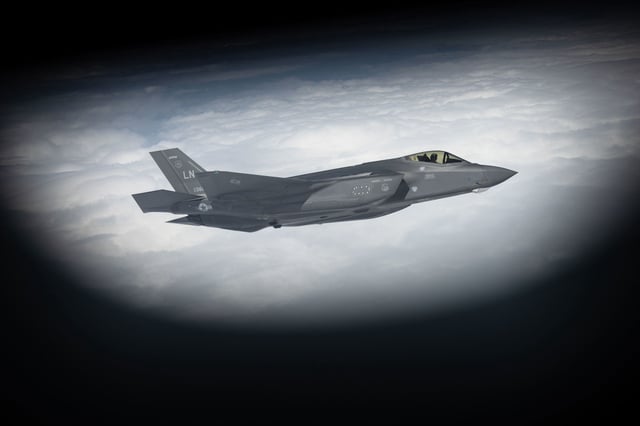 This photograph taken aboard a French Air Force Airbus A330 MRTT (Multi Role Tanker Transport), over Greek territorial waters on October 4, 2024 shows an US stealth multirole combat aircraft Lockheed Martin F-35 waiting for an aerial refueling, while it participates in the "Ramstein Flag 2024" exercise.