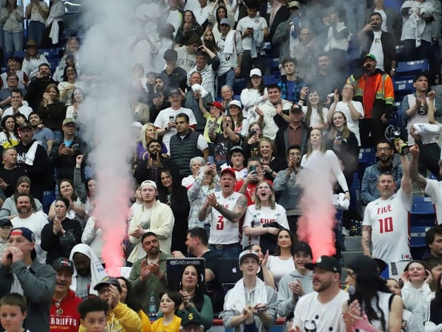 Fans cheer on the Sudbury Five during basketball championship final action against the Windsor Express at the Sudbury Community Arena in Sudbury, Ont. on Tuesday April 29, 2025. John Lappa/Sudbury Star/Postmedia Network