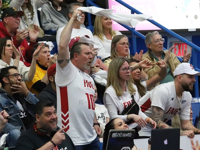 Fans cheer on the Sudbury Five during basketball championship final action against the Windsor Express at the Sudbury Community Arena in Sudbury, Ont. on Tuesday April 29, 2025. John Lappa/Sudbury Star/Postmedia Network