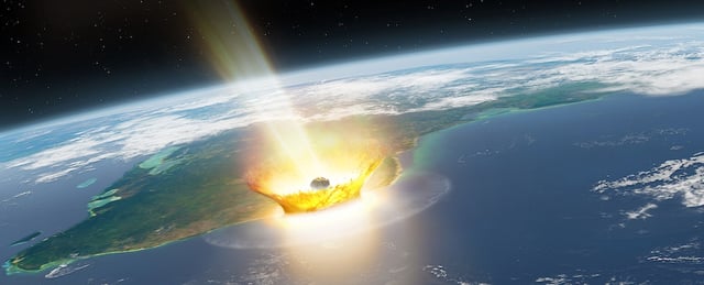 Asteroid impact. Illustration of a large asteroid colliding with Earth on the Yucatan Peninsula in Mexico. This impact is believed to have led to the death of the dinosaurs some 65 million years ago. The impact formed the Chicxulub crater, which is around 200 kilometres wide. The impact would have thrown trillions of tons of dust into the atmosphere, cooling the Earth's climate significantly, which may have been responsible for the mass extinction. A layer of iridium- rich rock, known as the K-Pg boundary, is thought to be the remnants of the impact debris.