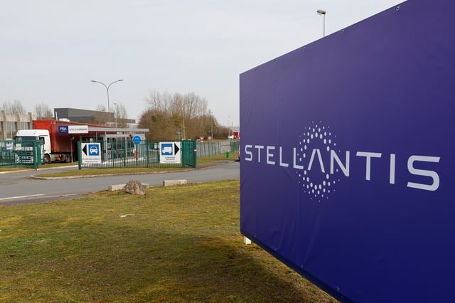 A view shows the logo of Stellantis at the entrance of the company's factory in Hordain, France, March 3, 2021. Picture taken March 3, 2021. REUTERS/Pascal Rossignol/File Photo