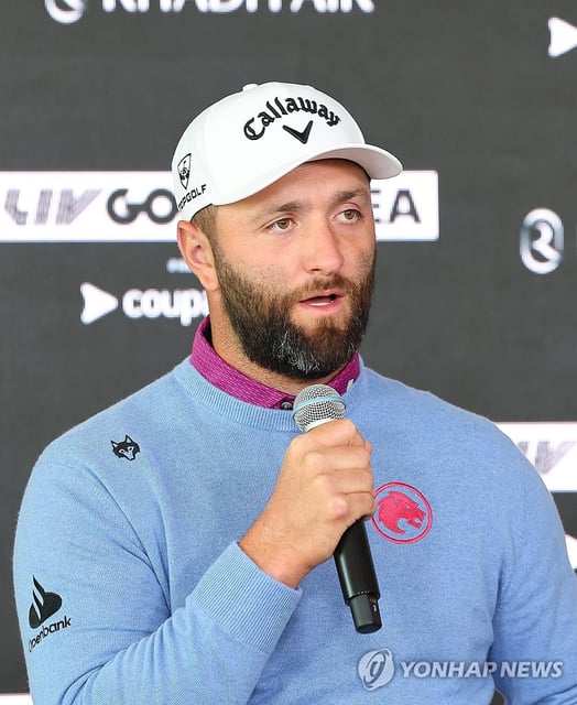 Jon Rahm of Spain, captain of the Legion XIII in LIV Golf, speaks during a press conference ahead of LIV Golf Korea at Jack Nicklaus Golf Club Korea in Incheon, west of Seoul, on April 30, 2025. (Yonhap)