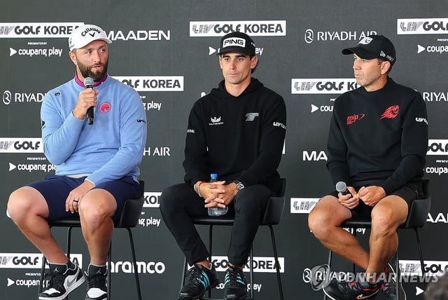 LIV Golf players competing at LIV Golf Korea attend a pretournament press conference at Jack Nicklaus Golf Club Korea in Incheon, just west of Seoul, on April 30, 2025. From left: Jon Rahm of Spain, Joaquin Niemann of Chile and Sergio Garcia of Spain. (Yonhap)