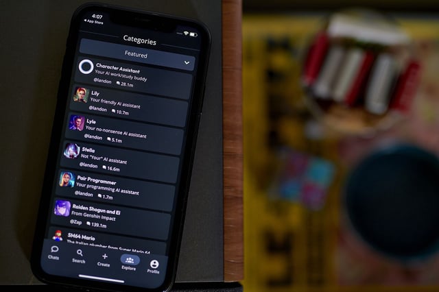 The Charcter.AI app on a smartphone arranged in the Brooklyn borough of New York, US, on Wednesday, July 12, 2023. The artificial intelligence startup, valued at $1 billion, allows people to create their own customizedchatbots, impersonating anyone and anything living or dead or inanimate.