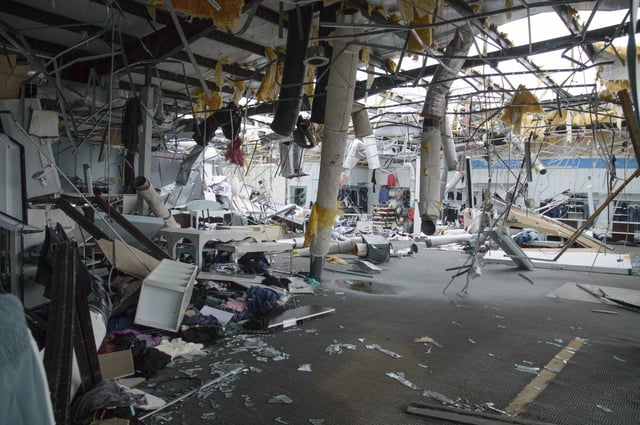 Damage to Maurices clothing is shown in Ada, Okla., after severe weather passed the area, Sunday, April 20, 2025. (Richard R. Barron/The ADA News via AP)