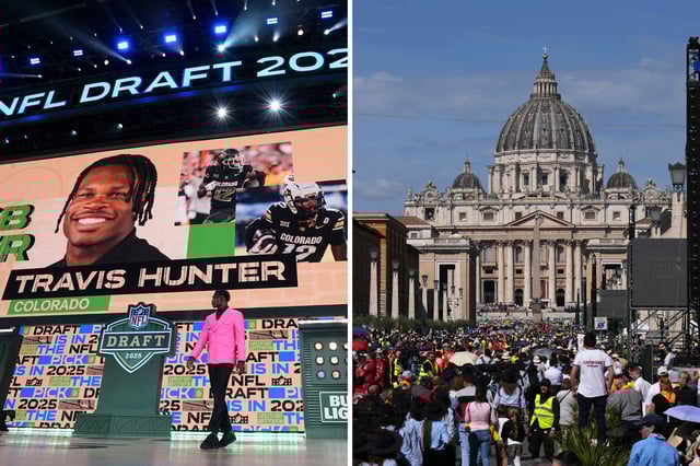 Colorado cornerback and wide receiver Travis Hunter is introduced on stage during the first round of the 2025 NFL Draft on April 24, 2025, in Green Bay, Wisconsin; the faithful attend a holy mass a day after the funeral of Pope Francis, on Via della Conciliazione street with St Peter&#39;s Basilica in the background near the Vatican in Rome, on April 27, 2025.