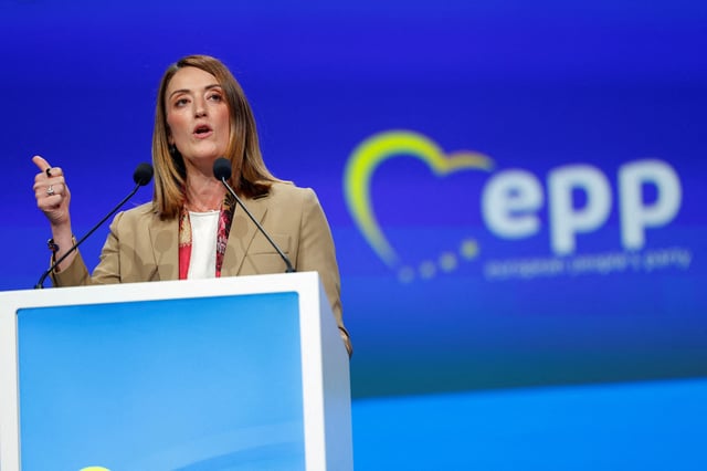 President of the European Parliament Roberta Metsola speaks during the congress of the European People's Party (EPP), in Valencia, Spain, April 29, 2025. REUTERS/Eva Manez/File Photo