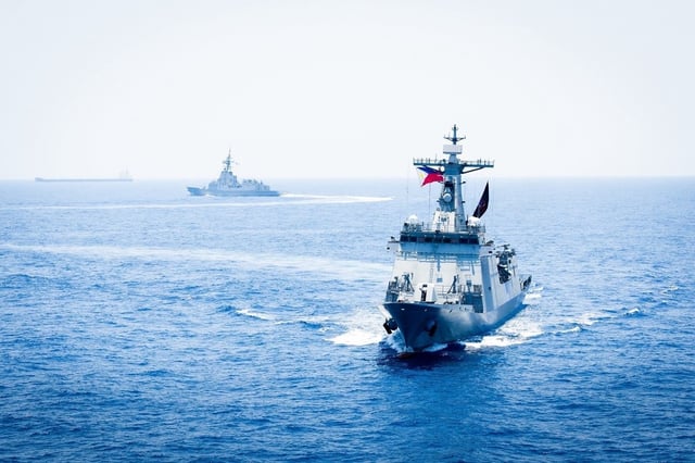 This photo shows Philippine Rizal-class guided-missile destroyer BRP Antonio Luna taking part in a multilateral maritime cooperative activity involving U.S., Australian, and Philippine naval and air assets in the South China Sea on April 29, 2025.