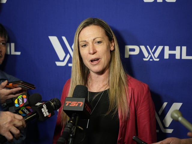 Jan 1, 2024; Toronto, Ontario, CANADA; Jayna Hefford, Senior Vice President of PWHL Hockey Operations, speaks to the media before the inaugural PWHL ice hockey game between New York and Toronto at Mattamy Athletic Centre. John E. Sokolowski-USA TODAY Sports/ File Photo