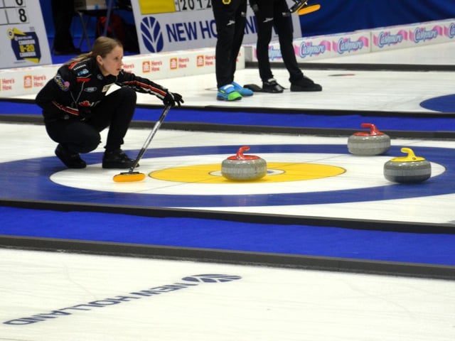 Jocelyn Peterman calls a shot during the recent 2025 Canadian mixed doubles curling championship in Summerside. Peterman and Brett Gallant are representing Canada at this week's world mixed doubles championship in Fredericton.