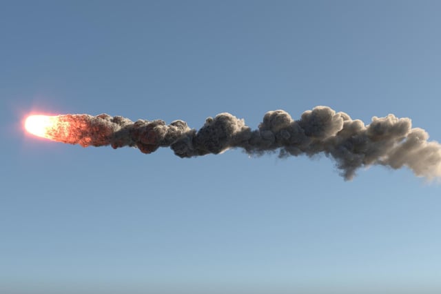 A 3D illustration of a meteor falling through the sky.