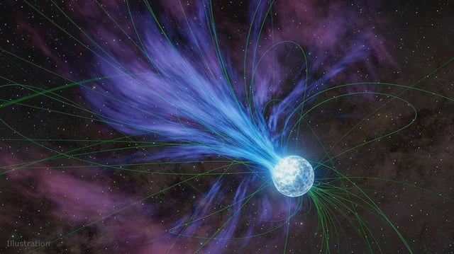 This artist's concept depicts a magnetar – a type of neutron star with a strong magnetic field – losing material into space. Shown as thin green lines, the magnetic field lines influence the movement of charged material around the magnetar. NASA/JPL-Caltech
