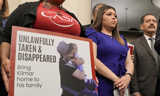 Jennifer Vasquez Sura, wife of Kilmar Abrego Garcia, a Salvadoran migrant who lived in the U.S. legally with a work permit and was erroneously deported to El Salvador, looks on during a press conference with other family members, supporters and members of the Congressional Hispanic Caucus, in  Washington, D.C., U.S., April 9, 2025. REUTERS/Ken Cedeno/File Photo