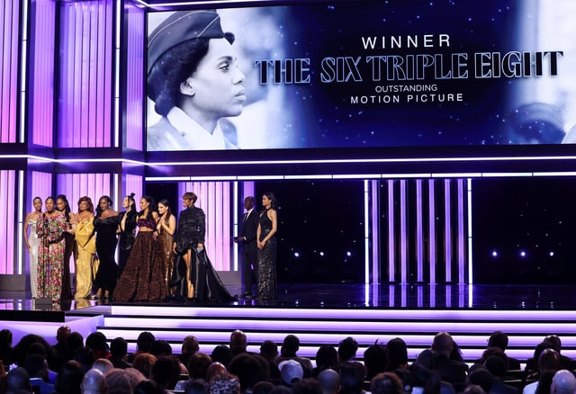 Ebony Obsidian, Pepi Sonuga, Moriah Brown, Kylie Jefferson, Kerry Washington and Sarah Jeffery accept the Outstanding Motion Picture award for "The Six Triple Eight" during the 56th NAACP Image Awards on February 22, 2025.
