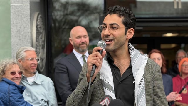 Mohsen Mahdawi speaks outside the courthouse after a judge released the Palestinian student activist on Wednesday, April 30, 2025 in Burlington, Vt. (AP Photo/Amanda Swinhart)