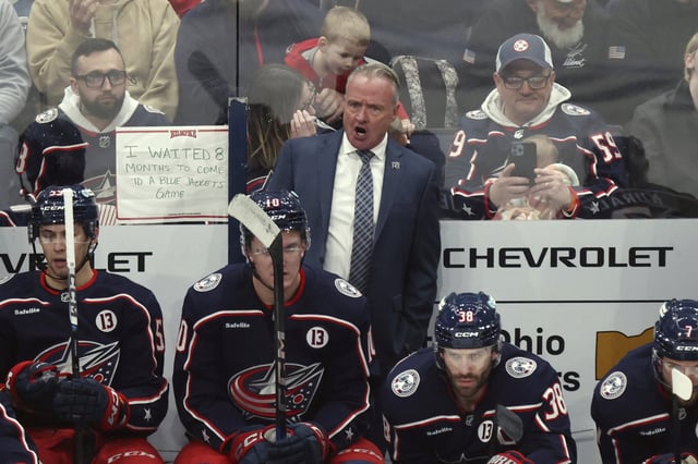 Columbus Blue Jackets coach Dean Evason yells to his team during the third period an NHL hockey game against the Florida Panthers in Columbus, Ohio, Thursday, March 20, 2025. (AP Photo/Paul Vernon)