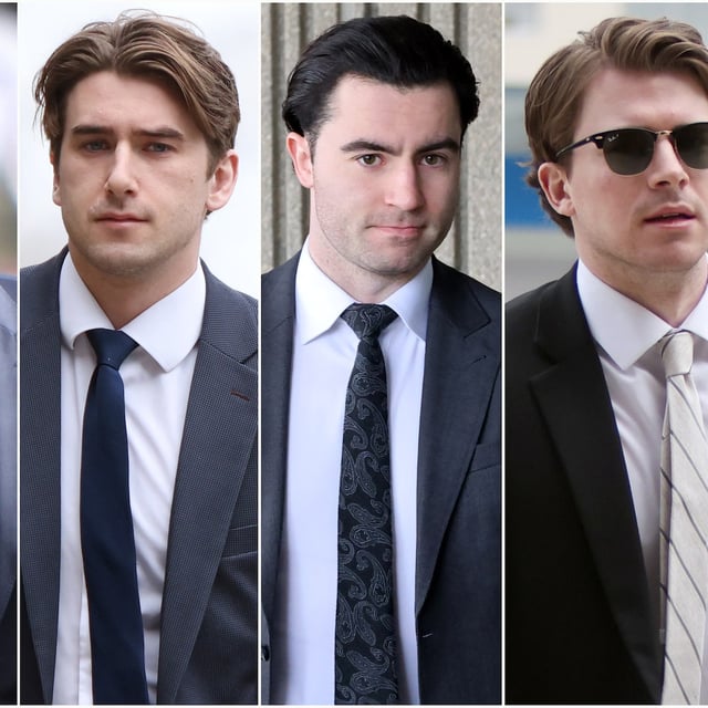 A composite image of five photographs show former members of Canada's 2018 World Juniors hockey team, left to right, Alex Formenton, Cal Foote, Michael McLeod, Dillon Dubé and Carter Hart as they individually arrived to court in London, Ont., on April 30.