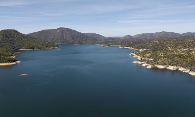Lake Oroville is seen filled with water in Oroville, California, on April 16, 2023. Lake Oroville is the largest reservoir in the State Water Project.
