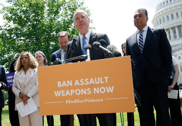 U.S. Sen. Adam Schiff (D-CA) speaks at a press conference introducing the Assault Weapons Ban of 2025 on April 30, 2025 in Washington, DC. The legislation would ban the manufacture and sale of assault weapons at the state level to help prevent future mass shootings. Schiff was joined by (L-R) Rep. Lucy McBath (D-GA), Sen. Chris Murphy (D-CT) and Sen. Alex Padilla (D-CA). (Photo by Kevin Dietsch/Getty Images)