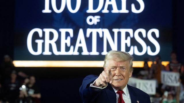 President Donald Trump arrives to deliver a speech marking his 100th day in office at Macomb County Community College Sports Expo Center in Warren, Michigan, on April 29, 2025. Photo: Jim Watson/AFP via Getty Images
