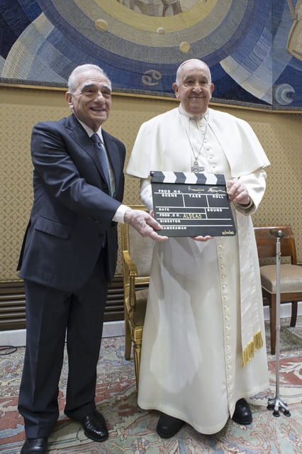 This image released by Vatican Media shows Martin Scorsese, left, and Pope Francis. "Aldeas–A New Story" is a new feature-length documentary and global cultural project developed by Scholas Occurrentes, the global educational movement founded by Pope Francis, in collaboration with Academy Award-winning director Martin Scorsese. (Vatican Media via AP)