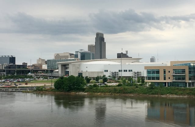 A look at the Omaha, Nebraska, skyline from a pedestrian bridge over the Missouri River.