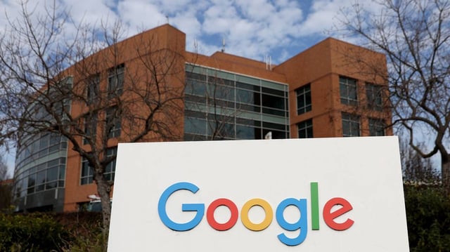 A sign is posted in front of a building on the Google campus on Jan. 31, 2022, in Mountain View, California. (Justin Sullivan/Getty Images/TNS)