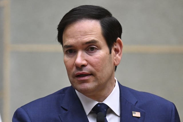 Secretary of State Marco Rubio talks to the media during a joint news conference with Guatemala&#39;s President Bernardo Arevalo at the Culture Palace in Guatemala City on Feb. 5.