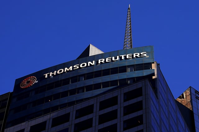 The Thomson Reuters logo is pictured on a building in the Manhattan borough of New York City, New York, U.S. November 16, 2021. REUTERS/Carlo Allegri/File photo