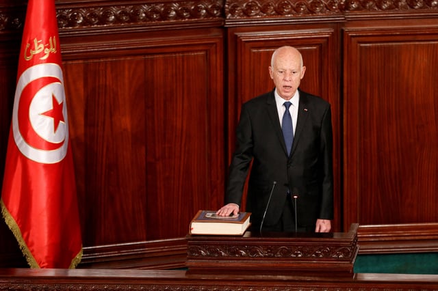 Tunisia's President Kais Saied attends his swearing-in ceremony for his second term at the parliament in Tunis, Tunisia October 21, 2024. REUTERS/Zoubeir Souissi/File Photo