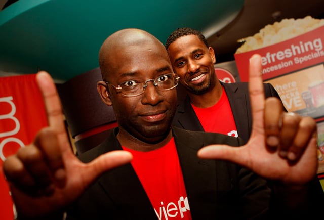 MoviePass cofounders Stacy Spikes (front) and Hamet Watt in 2011, the year their company launched.