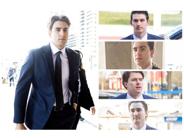 Michael McLeod, left, and, top to bottom, Cal Foote, Dillon Dube, Carter Hart and Alex Formenton enter the London courthouse on April 22, 2025. (Derek Ruttan/The London Free Press)