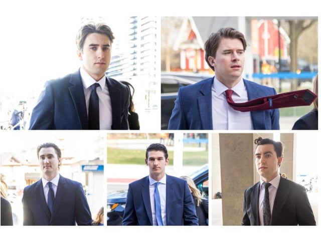Clockwise from top left: Michael McLeod, Carter Hart, Dillon Dube, Cal Foote and Alex Formenton enter the London courthouse on Day 1 of their trial on charges of sexual assault. Photos taken on April 22, 2025. Derek Ruttan/The London Free Press