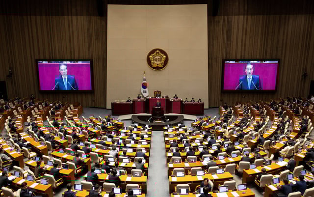 Acting president Han Duck-soo gives a speech on the government budget at the National Assembly in Seoul, South Korea, 24 April 2025. JEON HEON-KYUN/Pool via REUTERS