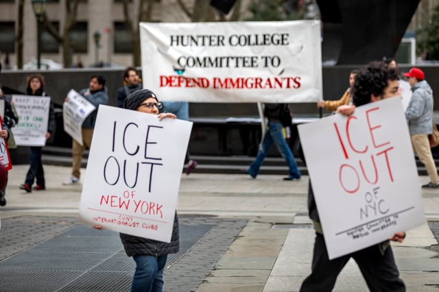 Students and faculty from the City University of New York (CUNY) hold a rally supporting international students who have had their visas revoked by the Trump administration, in lower Manhattan, on April 11, 2025.