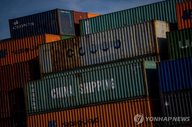 This file photo, released by Reuters, shows a China Shipping container seen at a port in Oakland, California, on April 10, 2025. (Yonhap)