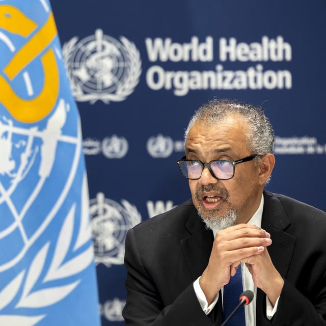 Tedros Adhanom Ghebreyesus, Director General of the World Health Organization (WHO), talks during a press conference organized by the Geneva Association of United Nations Correspondents (ACANU), at the World Health Organization (WHO) headquarters, Geneva, Switzerland, Thursday, May 1, 2025. (Salvatore Di Nolfi/Keystone via AP)